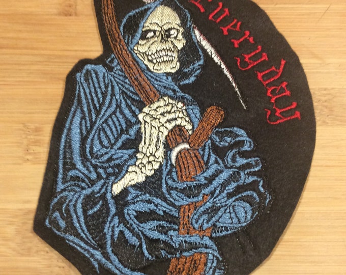 Featured listing image: Embroidered Live Everyday  Grim Reaper Patch 8” x 5” inches by Twistedstitcher 2018 Located in Abbotsford BC Canada