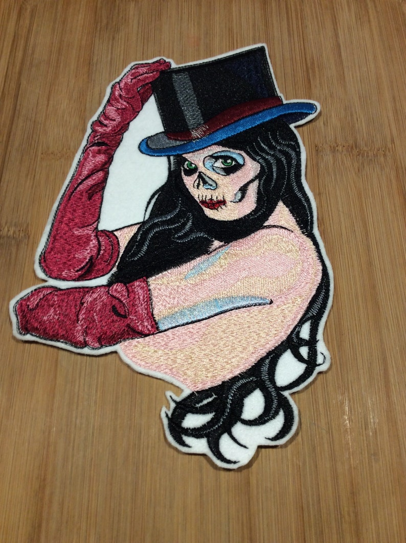 Embroidered Sugar Skull Face Girl with Top Hat Patch 7\u201d x 9\u201d inch by Twistedstitcher2018 Located in Abbotsford BC Canada