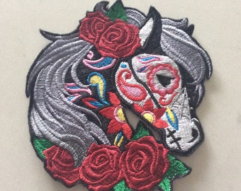 Embroidered Day Of The Dead Horse Skull Sew/Iron-On Patch Caballo Calavera 2 Sizes by Twistedstitcher 2018 Located in Abbotsford BC Canada