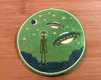 Embroidered Alien in Space Sew/Iron-On Patch 3 Sizes Available by Twistedstitcher 2018 Located in Abbotsford BC Canada