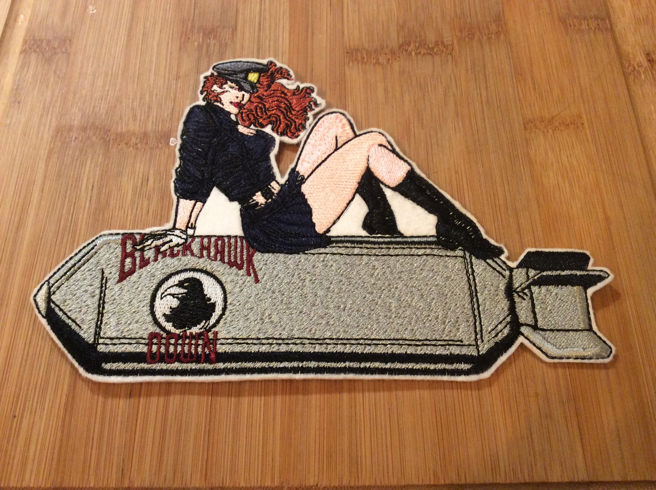 Embroidered Bombshell Pin-Up Girl Tattooed Style Patch Women Riding A Bomb 2 Sizes by Twistedstitcher 2018 Located in Abbotsford BC Canada - Thumbnail 2