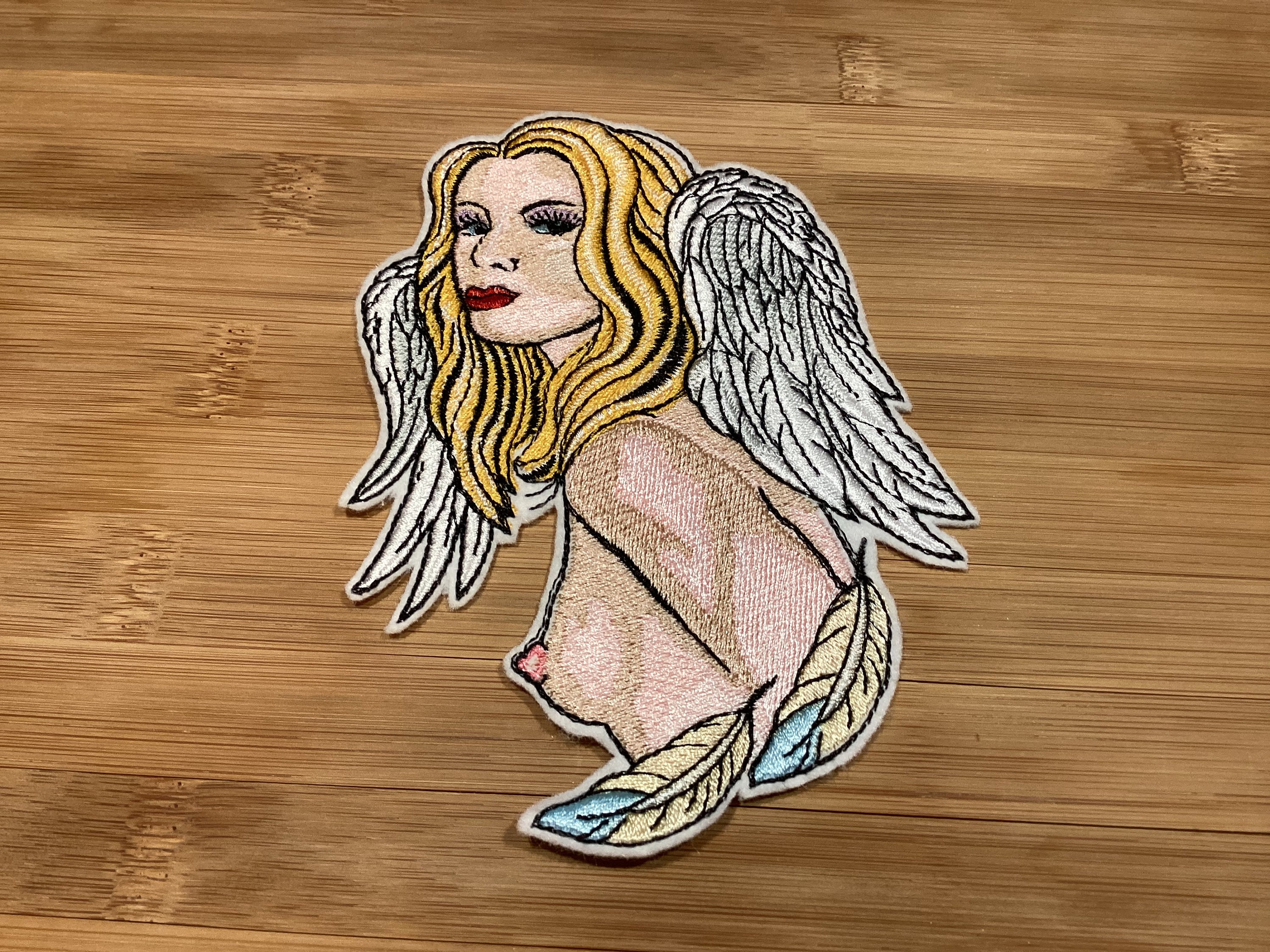 Embroidered Semi-Nude Angel with White/Blue Feathers Sew/Iron-On Patch by Twistedstitcher 2018 Located in Abbotsford BC Canada - Thumbnail 6