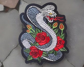 Embroidered Snake and Roses Iron-on Patch Punk Style Iron-On 3.86”x4.72” inches Twistedstitcher2018 Located in Abbotsford BC Canada