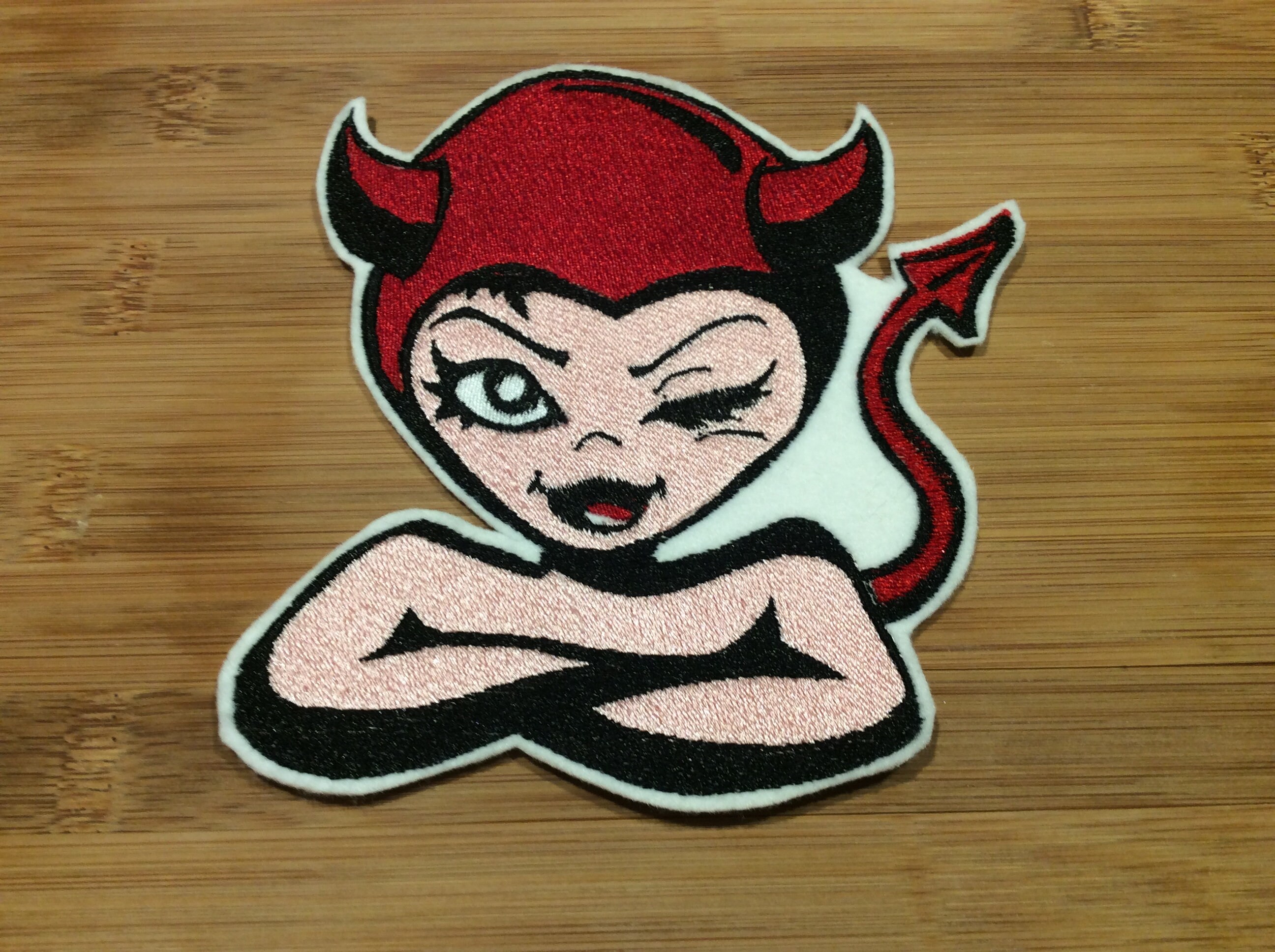 Embroidered Winking Devil Girl Patch Sew/Iron-On by Twistedstitcher 2018 Located in Abbotsford Bc Canada - Thumbnail 2