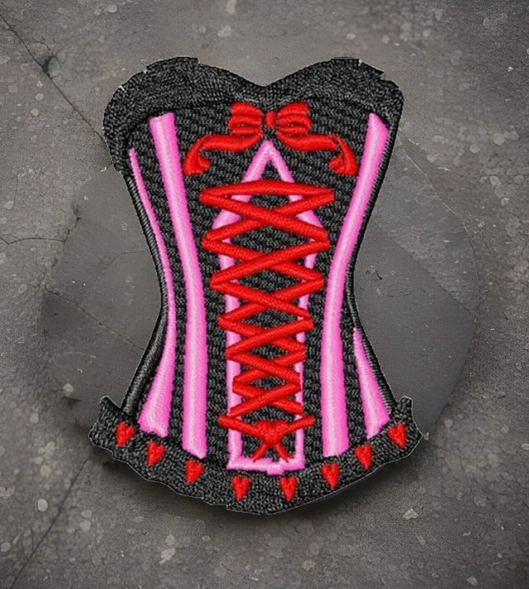 Embroidered Sexy Hot Pink and Black Corset Patch Sew/Iron-On Style 3.32" W x 4.59" H by Twistedstitcher2018 Located in Abbotsford BC Canada