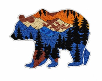 Embroidered Mountain Forest Bear Patch: Iron-On Applique