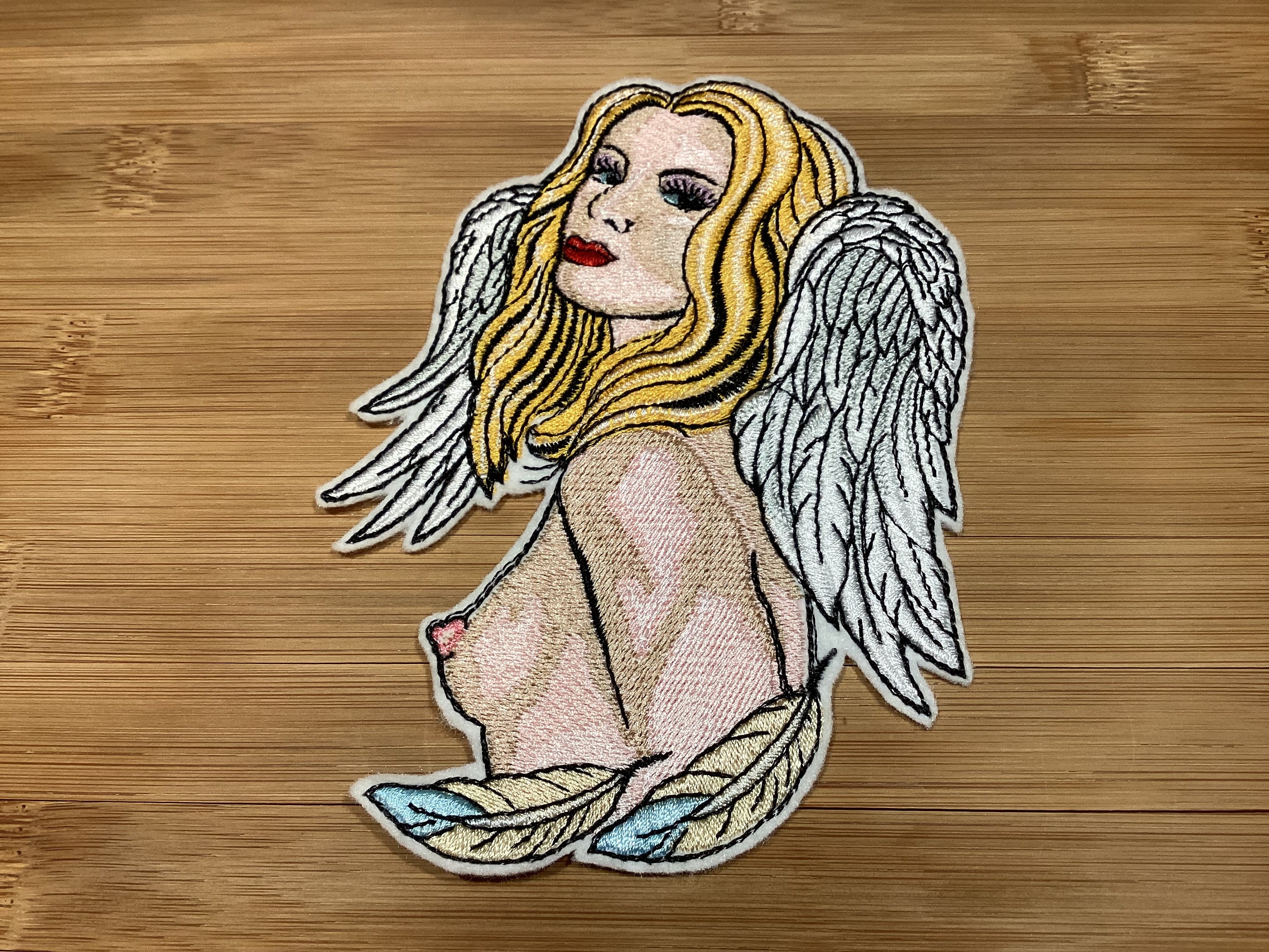 Embroidered Semi-Nude Angel with White/Blue Feathers Sew/Iron-On Patch by Twistedstitcher 2018 Located in Abbotsford BC Canada - Thumbnail 3