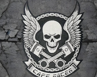 Embroidered Skull Cafe Racer Motorcycle Jacket Back Patch XL 11.42” X 8.66” Inches by Twistedstitcher 2018 Located in Abbotsford BC Canada