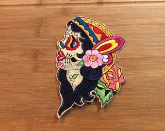 Embroidered Day of the Dead Sugar Skull Mujer Lady Patch 6.50” x 4.25” Back Patch by Twistedstitcher 2018 Located in Abbotsford BC Canada