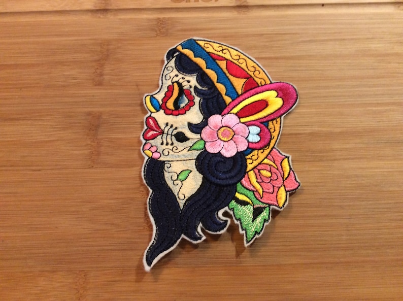 Embroidered Day of the Dead Sugar Skull Mujer Lady Patch 6.50\u201d x 4.25\u201d Back Patch by Twistedstitcher 2018 Located in Abbotsford BC Canada