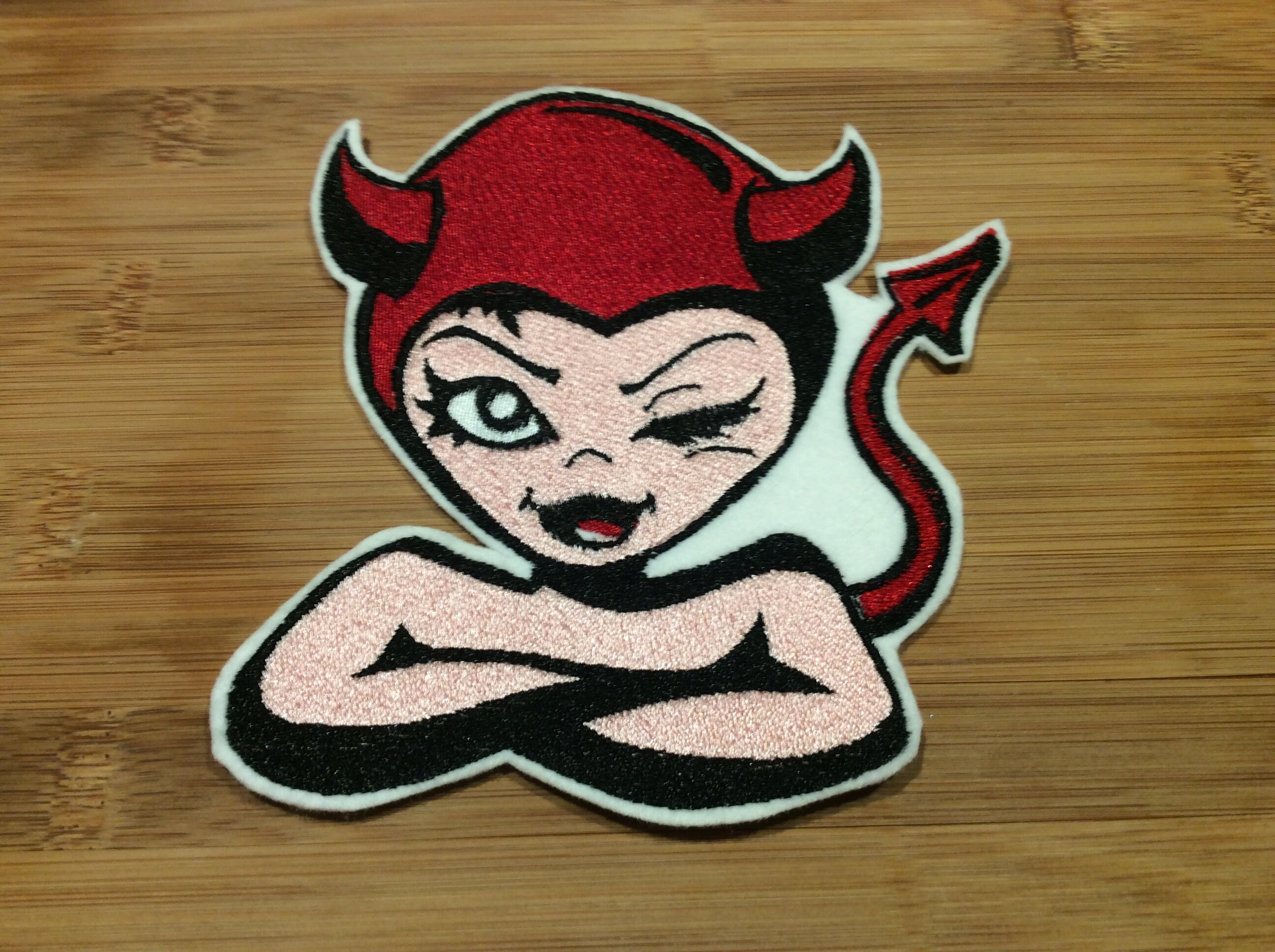 Embroidered Winking Devil Girl Patch Sew/Iron-On by Twistedstitcher 2018 Located in Abbotsford Bc Canada - Thumbnail 3