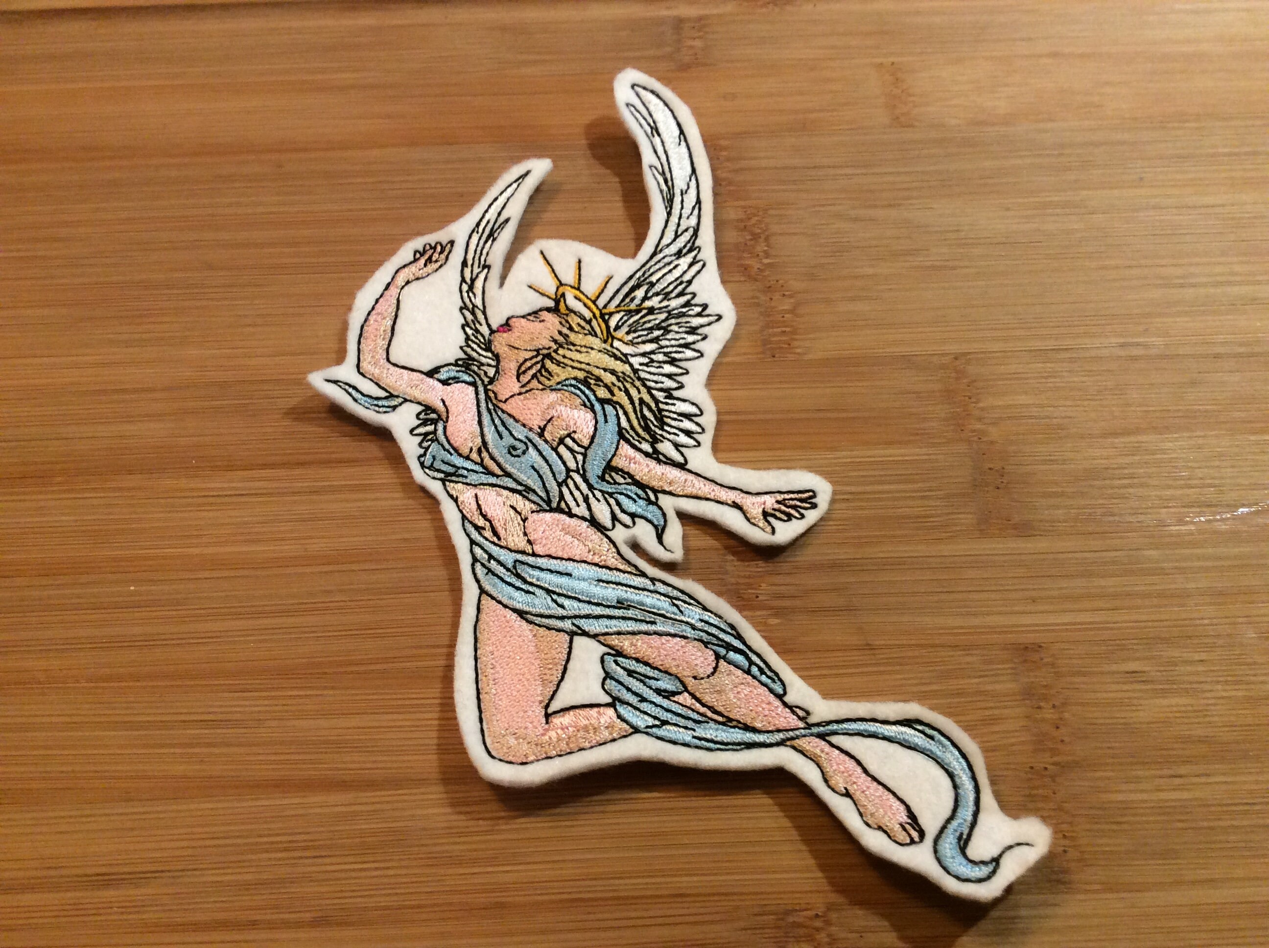 Embroidered Semi-Nude Angel with Blue Ribbon Sew/Iron-On Patch 2 Sizes Available by Twistedstitcher 2018 Located in Abbotsford BC Canada - Thumbnail 2