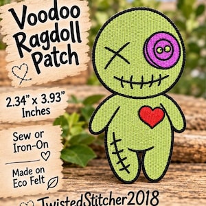May include: An embroidered voodoo ragdoll patch measuring 5.94 by 9.98 cm. The lime green doll features a pink button eye, a black stitched eye, a stitched mouth, and a red heart on its chest. Text includes Voodoo Ragdoll Patch, Sew or Iron-On, Made on Eco Felt, and TwistedStitcher2018.