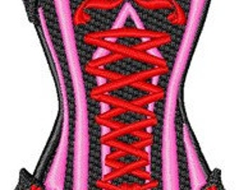 Embroidered Sexy Hot Pink and Black Corset Patch Sew/Iron-On Style 3.32" W x 4.59" H by Twistedstitcher2018 Located in Abbotsford BC Canada