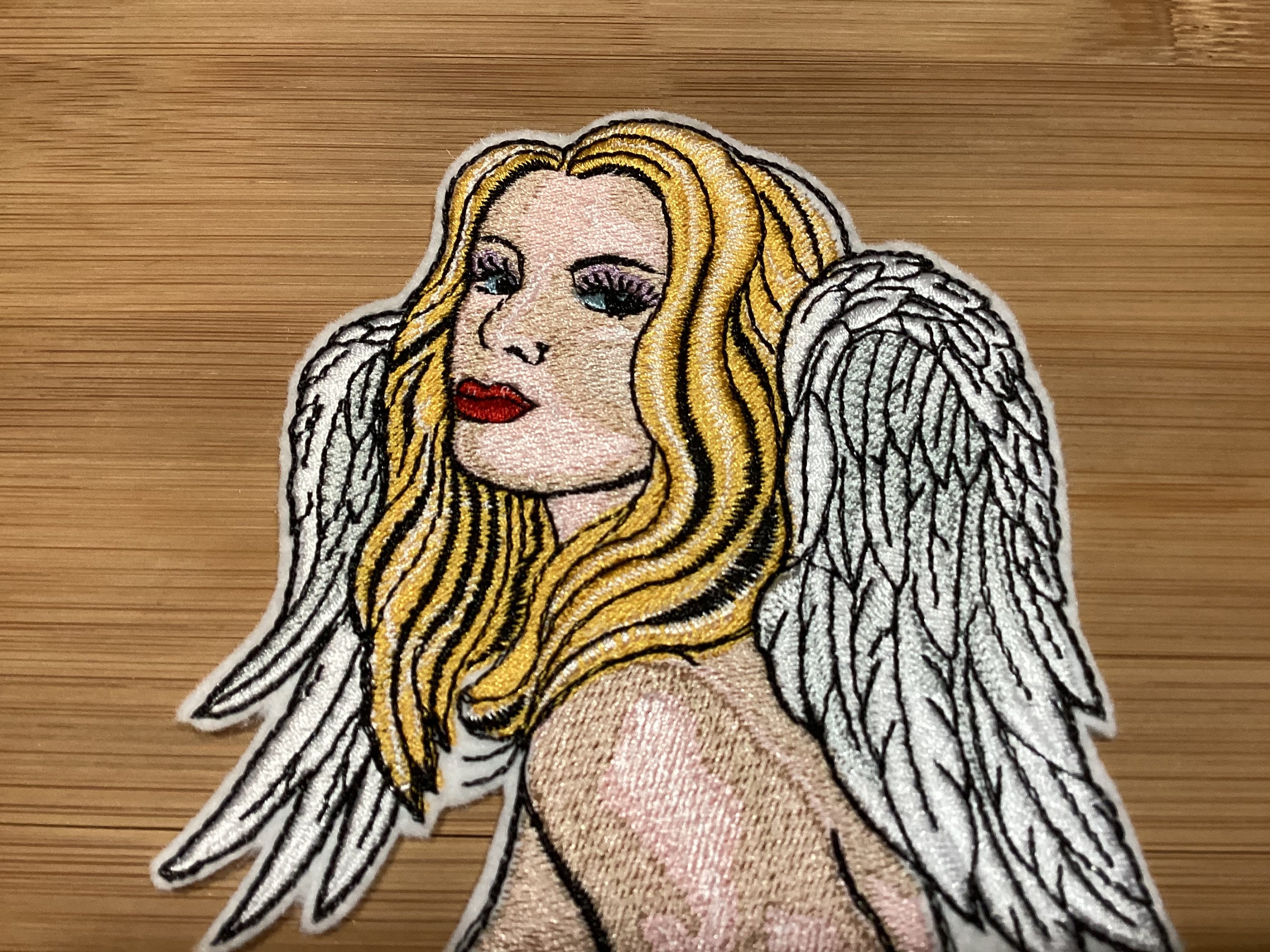 Embroidered Semi-Nude Angel with White/Blue Feathers Sew/Iron-On Patch by Twistedstitcher 2018 Located in Abbotsford BC Canada - Thumbnail 7