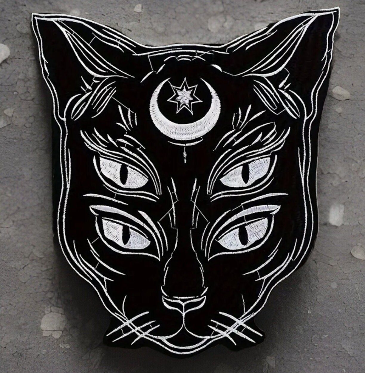 Embroidered Mystical Star/Moon 4 Eyed Black Cat Iron On Back Patch 9.84”x 9.25”Witchy Cat Twistedstitcher 2018 Located Abbotsford BC Canada - Thumbnail 5