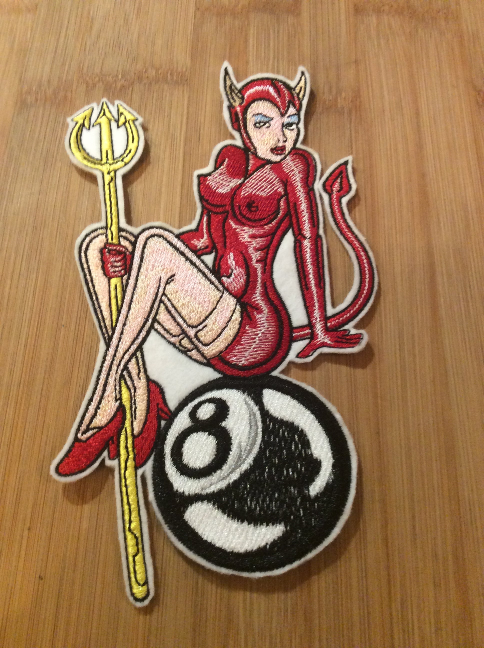 Embroidered Sexy Pin Up Devil Girl with Trident Riding an 8 Ball Patch Sew/Iron-On by Twistedstitcher 2018 Located in Abbotsford Bc Canada - Thumbnail 2