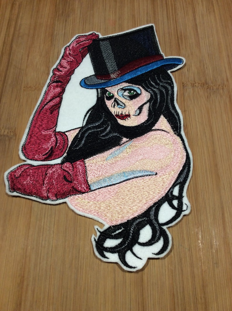 Embroidered Sugar Skull Face Girl with Top Hat Patch 7\u201d x 9\u201d inch by Twistedstitcher2018 Located in Abbotsford BC Canada