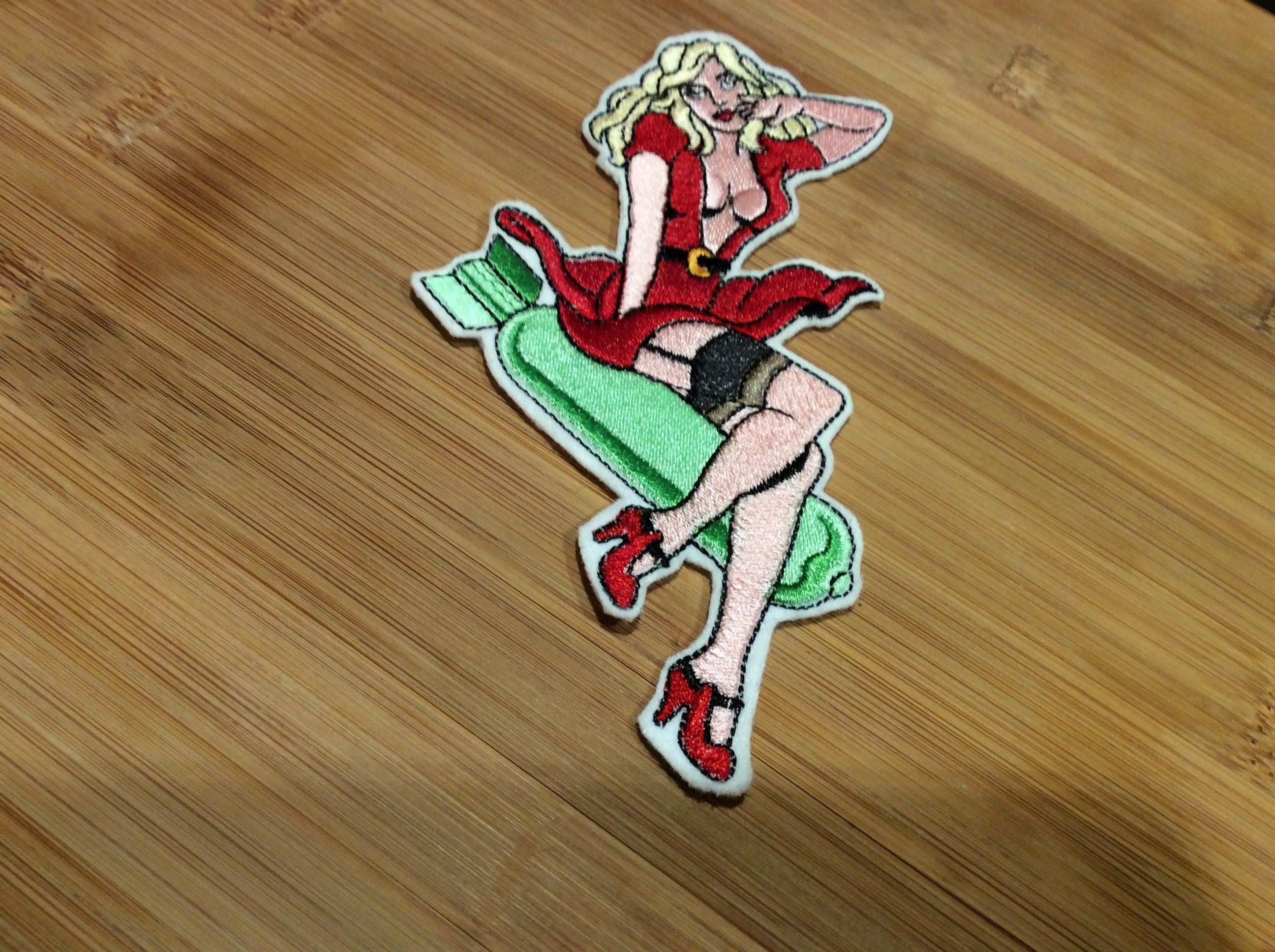 Embroidered Blonde Bombshell Pin-Up Girl Tattooed Style Patch Women Riding A Bomb by Twistedstitcher 2018 Located in Abbotsford BC Canada - Thumbnail 7