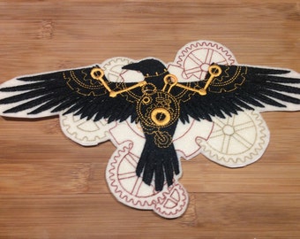 Embroidered Steampunk Mechanical Clockwork Raven Patch Sew/Iron-On Style 2 Sizes by Twistedstitcher 2018 Located in Abbotsford BC Canada