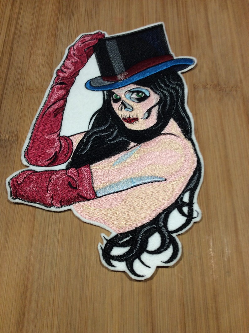 Embroidered Sugar Skull Face Girl with Top Hat Patch 7\u201d x 9\u201d inch by Twistedstitcher2018 Located in Abbotsford BC Canada