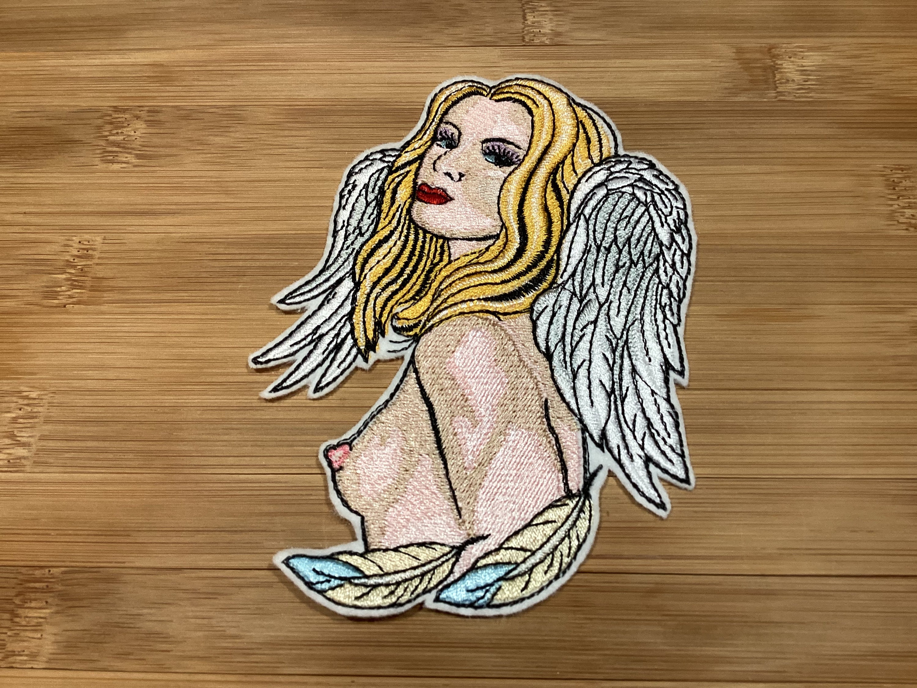 Embroidered Semi-Nude Angel with White/Blue Feathers Sew/Iron-On Patch by Twistedstitcher 2018 Located in Abbotsford BC Canada