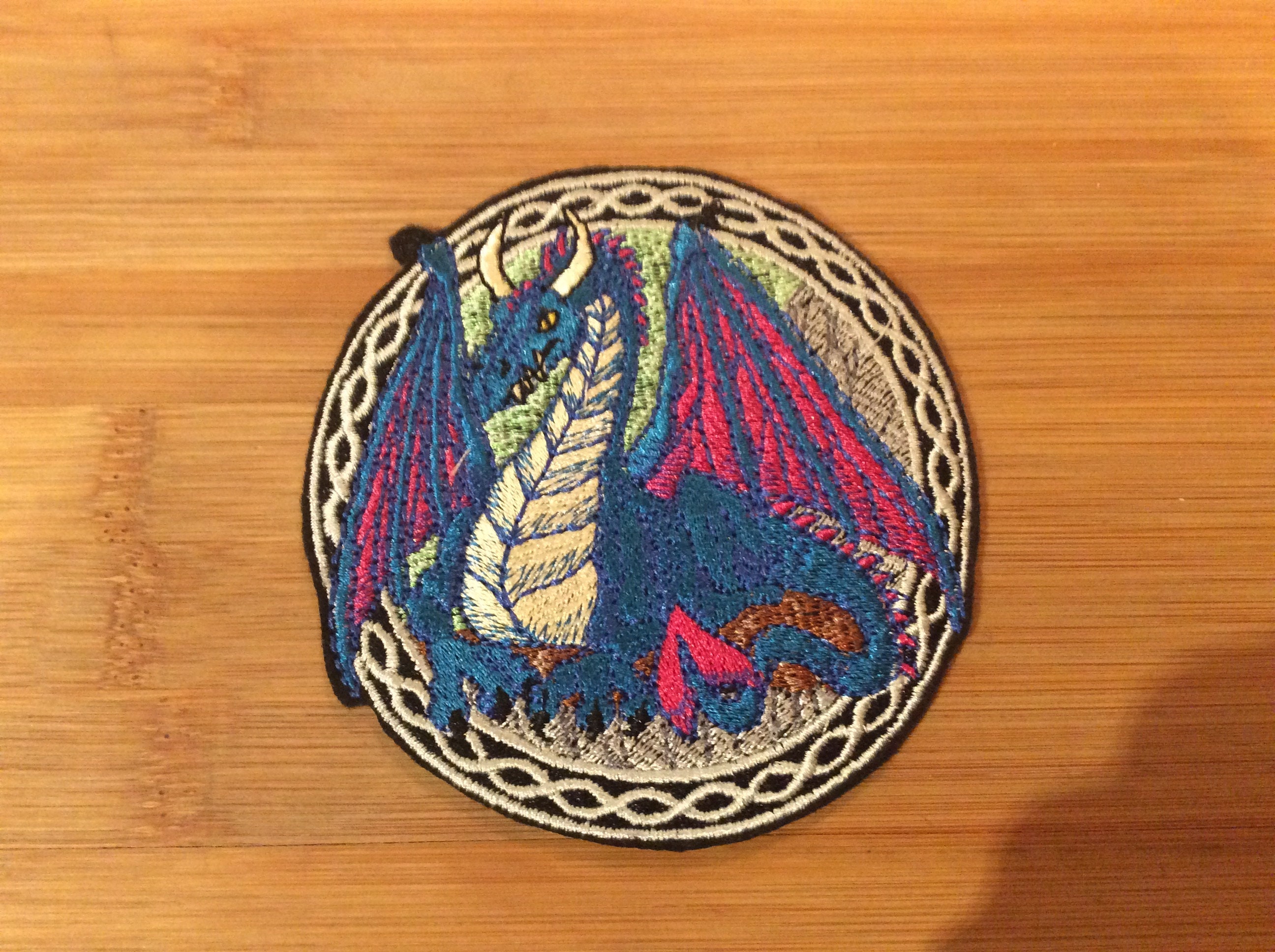 Embroidered Mystical Winged Dragon Sew/Iron-On Patch 2 Sizes Available Celtic Border by Twistedstitcher 2018 Located in Abbotsford BC Canada - Thumbnail 2