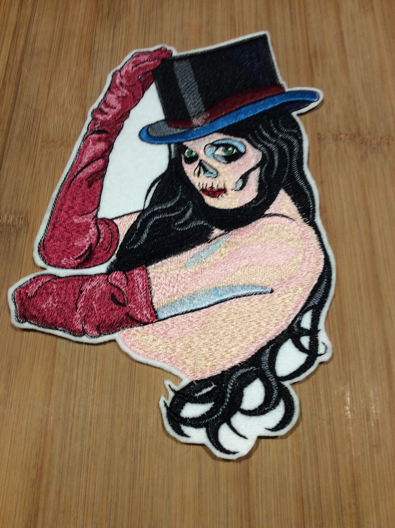 Embroidered Sugar Skull Face Girl with Top Hat Patch 7\u201d x 9\u201d inch by Twistedstitcher2018 Located in Abbotsford BC Canada