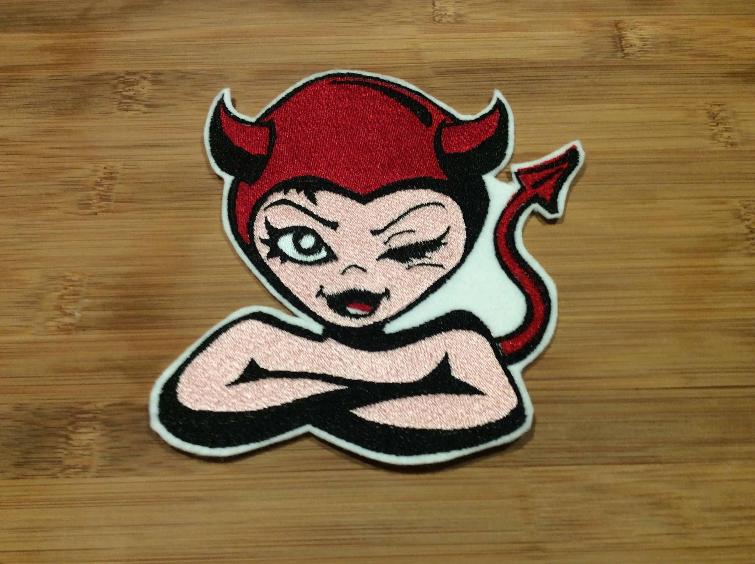 Embroidered Winking Devil Girl Patch Sew/Iron-On by Twistedstitcher 2018 Located in Abbotsford Bc Canada - Thumbnail 6