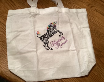 Embroidered Majestically Awkward Rainbow Fringe Zebra Unicorn Tote Bag Book Bag by Twistedstitcher 2018 Located in Abbotsford BC Canada