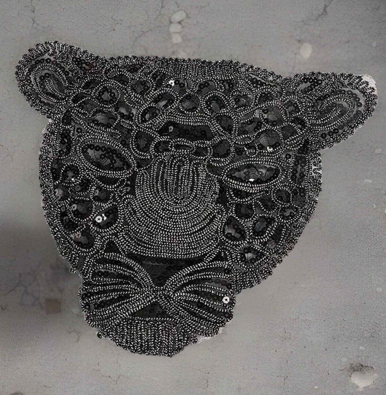 Embroidered Black Sequin Leopard Head Sew-on Patch Large 9.62”x11.42” Big Cat Patch by Twistedstitcher 2018 Located in Abbotsford Bc Canada