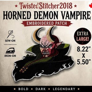 Large Embroidered Horned Demon Vampire Patch, Gothic Horror Statement (8.22 x 5.50)