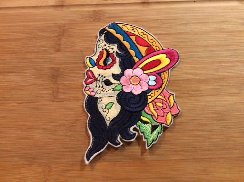 Embroidered Day of the Dead Sugar Skull Mujer Lady Patch 6.50\u201d x 4.25\u201d Back Patch by Twistedstitcher 2018 Located in Abbotsford BC Canada
