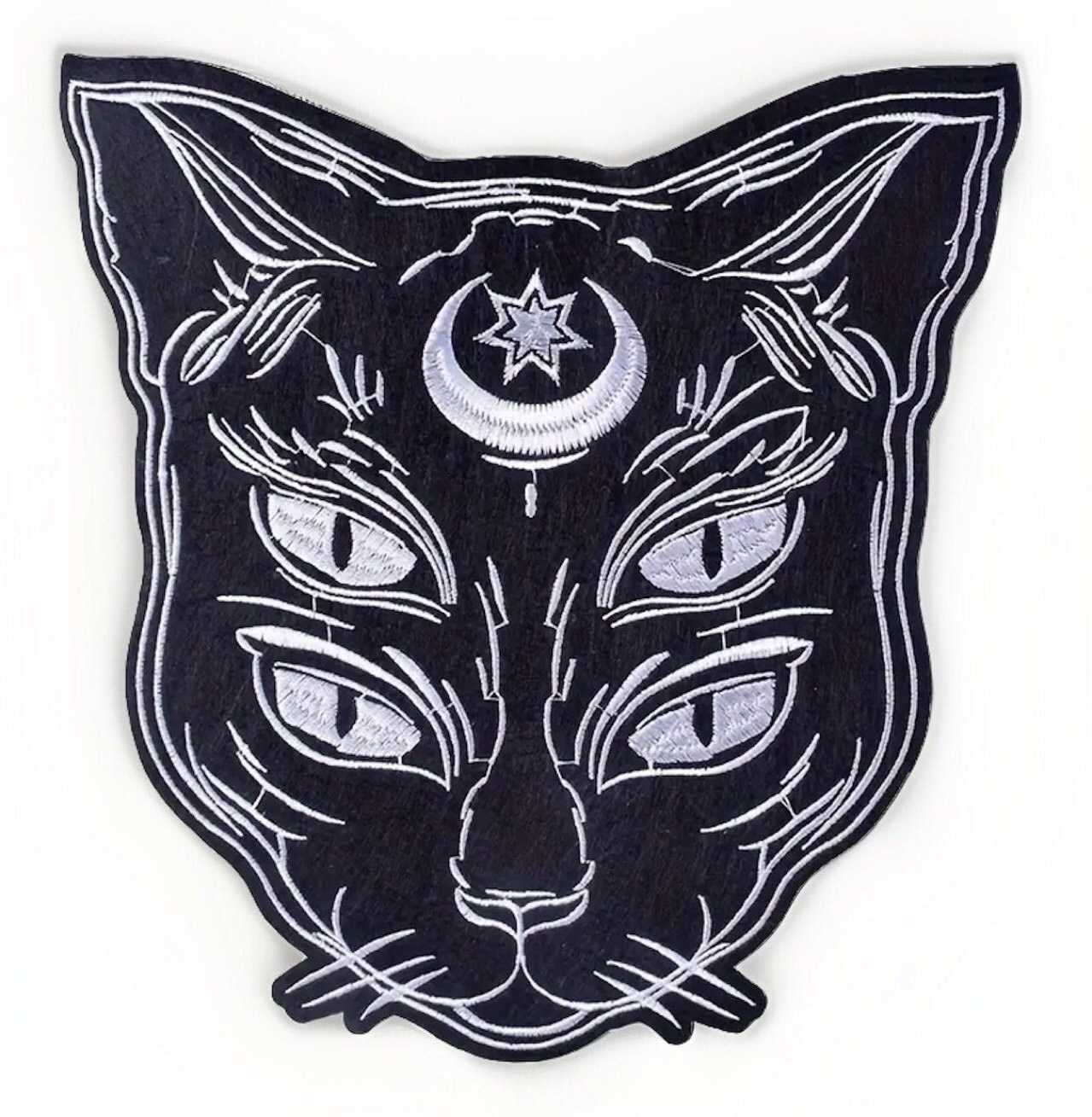 Embroidered Mystical Star/Moon 4 Eyed Black Cat Iron On Back Patch 9.84”x 9.25”Witchy Cat Twistedstitcher 2018 Located Abbotsford BC Canada - Thumbnail 2