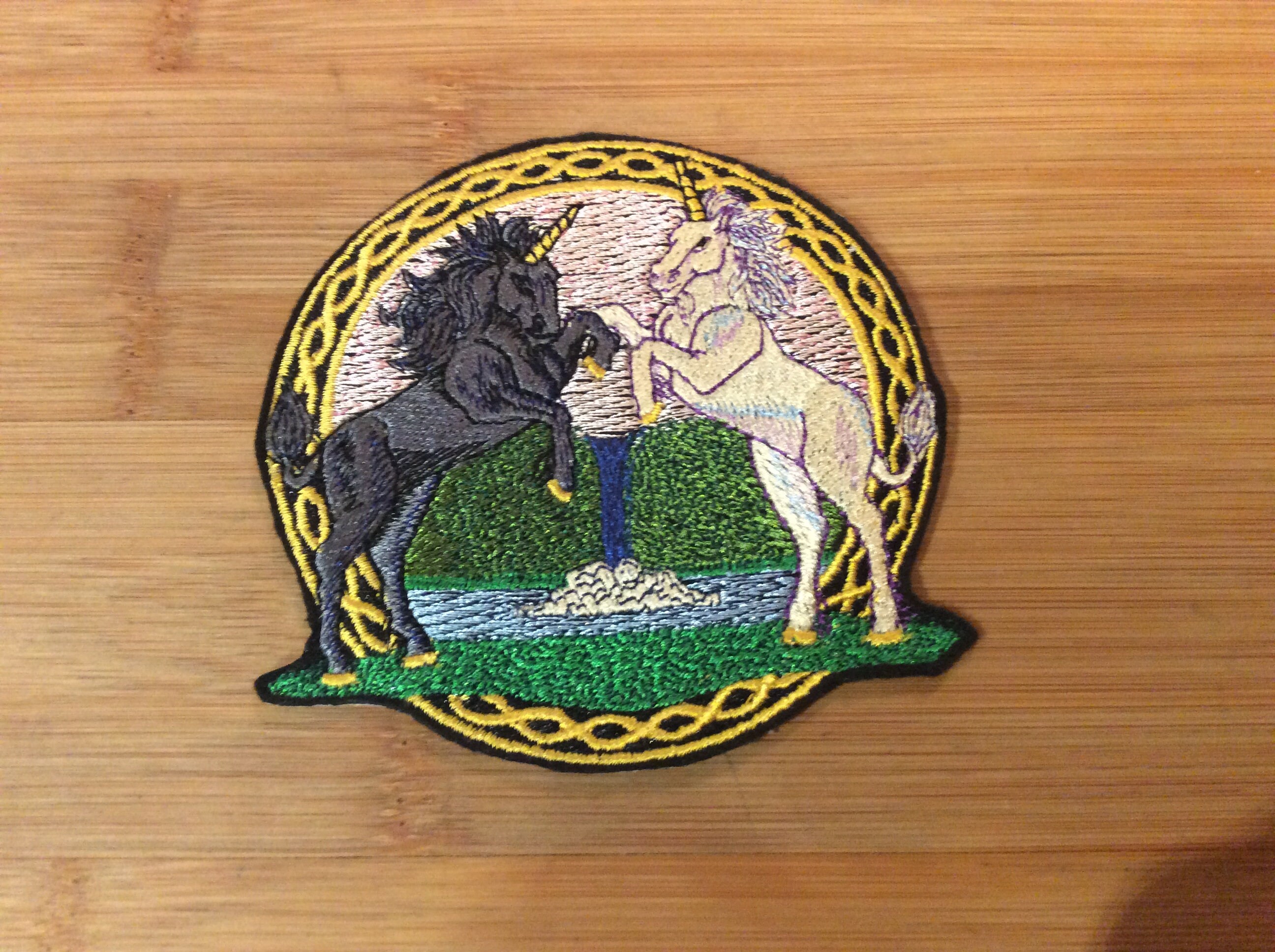 Embroidered Mystical Playing Unicorns /Iron-On Patch Celtic Border 2 Sizes Available by Twistedstitcher 2018 Located in Abbotsford BC Canada - Thumbnail 2