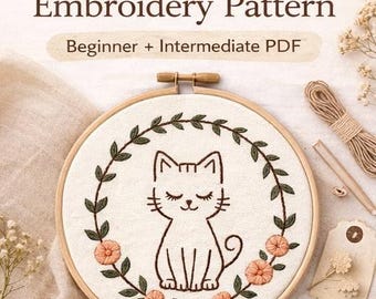 Cat Floral Embroidery Pattern, Beginner Intermediate PDF, Floral Wreath Design