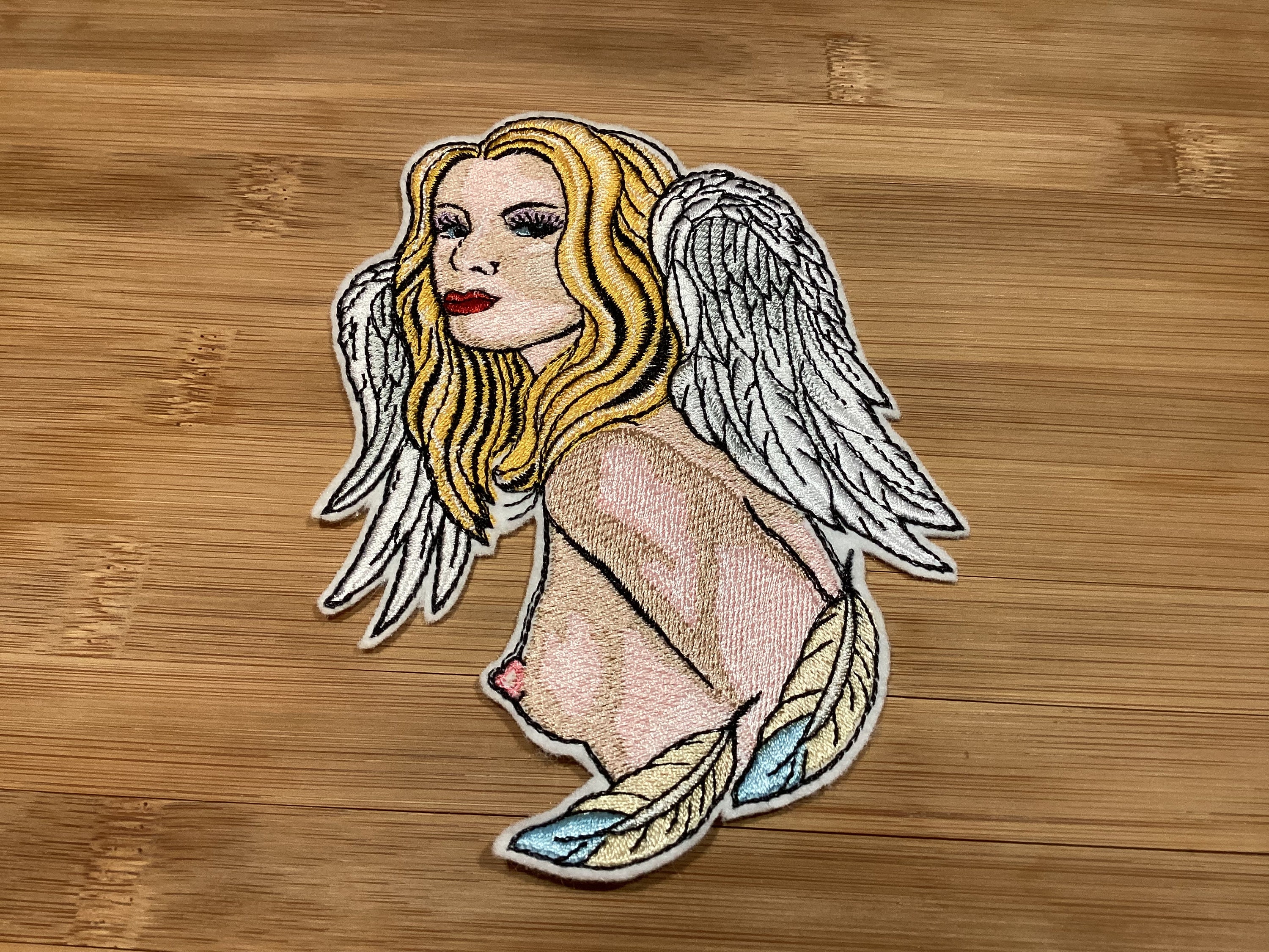 Embroidered Semi-Nude Angel with White/Blue Feathers Sew/Iron-On Patch by Twistedstitcher 2018 Located in Abbotsford BC Canada - Thumbnail 5