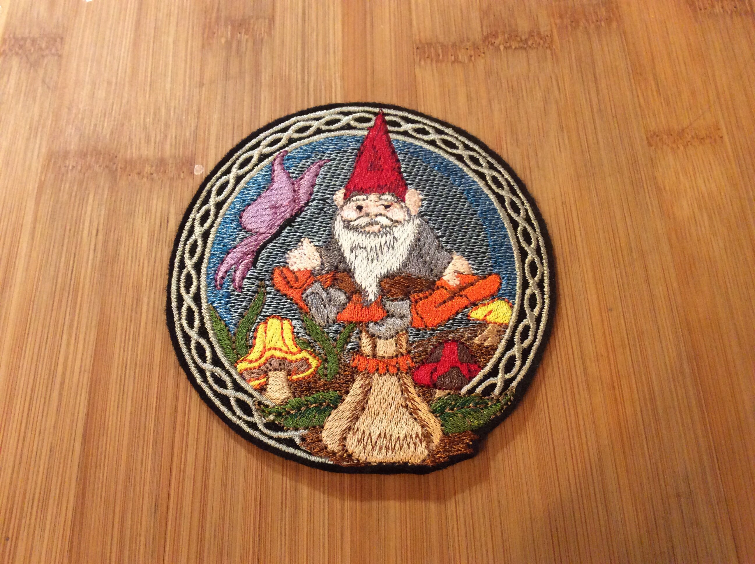 Embroidered Mystical Garden Gnome on a Toadstool Sew/Iron-On Patch Celtic Border by Twistedstitcher 2018 Located in Abbotsford BC Canada - Thumbnail 2
