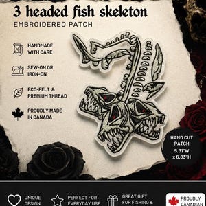 May include: An embroidered patch featuring a three-headed fish skeleton design with red eyes and sharp teeth. The patch measures 13.49 cm wide by 17.35 cm high. Text on the image includes TwistedStitcher 2018 and 3 headed fish skeleton.