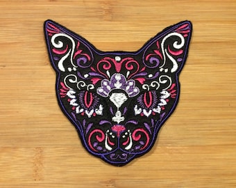 Embroidered Pink Purple Sugar Skull Cat Patch Sew/Iron-On Day of the Dead Cat Patch by Twistedstitcher 2018 Located in Abbotsford BC Canada