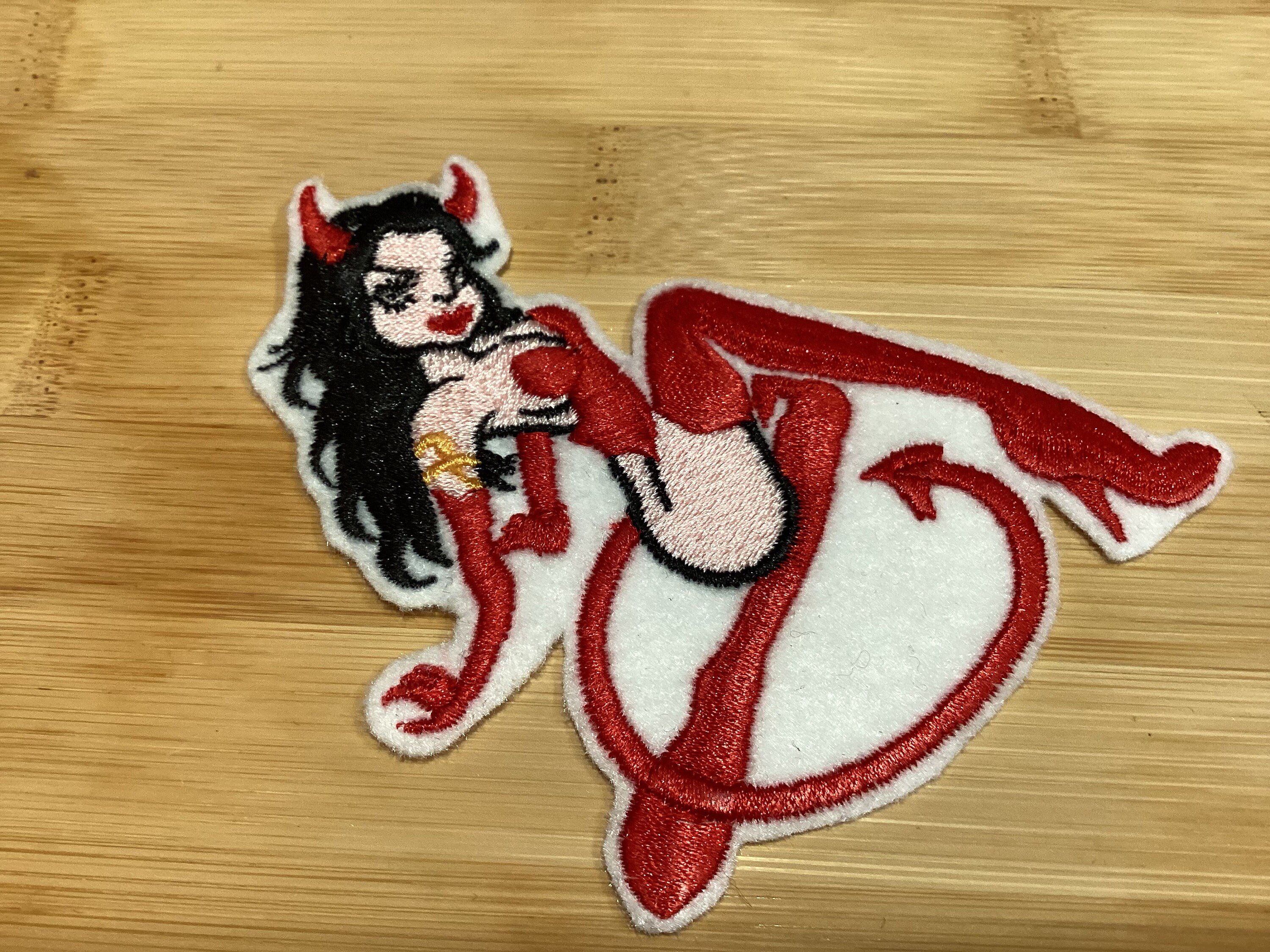 Embroidered Hotty Devil Girl Bad Girl Pin-Up Retro Tattoo Style Patch Sew/Iron-On by Twistedstitcher 2018 Located in Abbotsford Bc Canada - Thumbnail 6