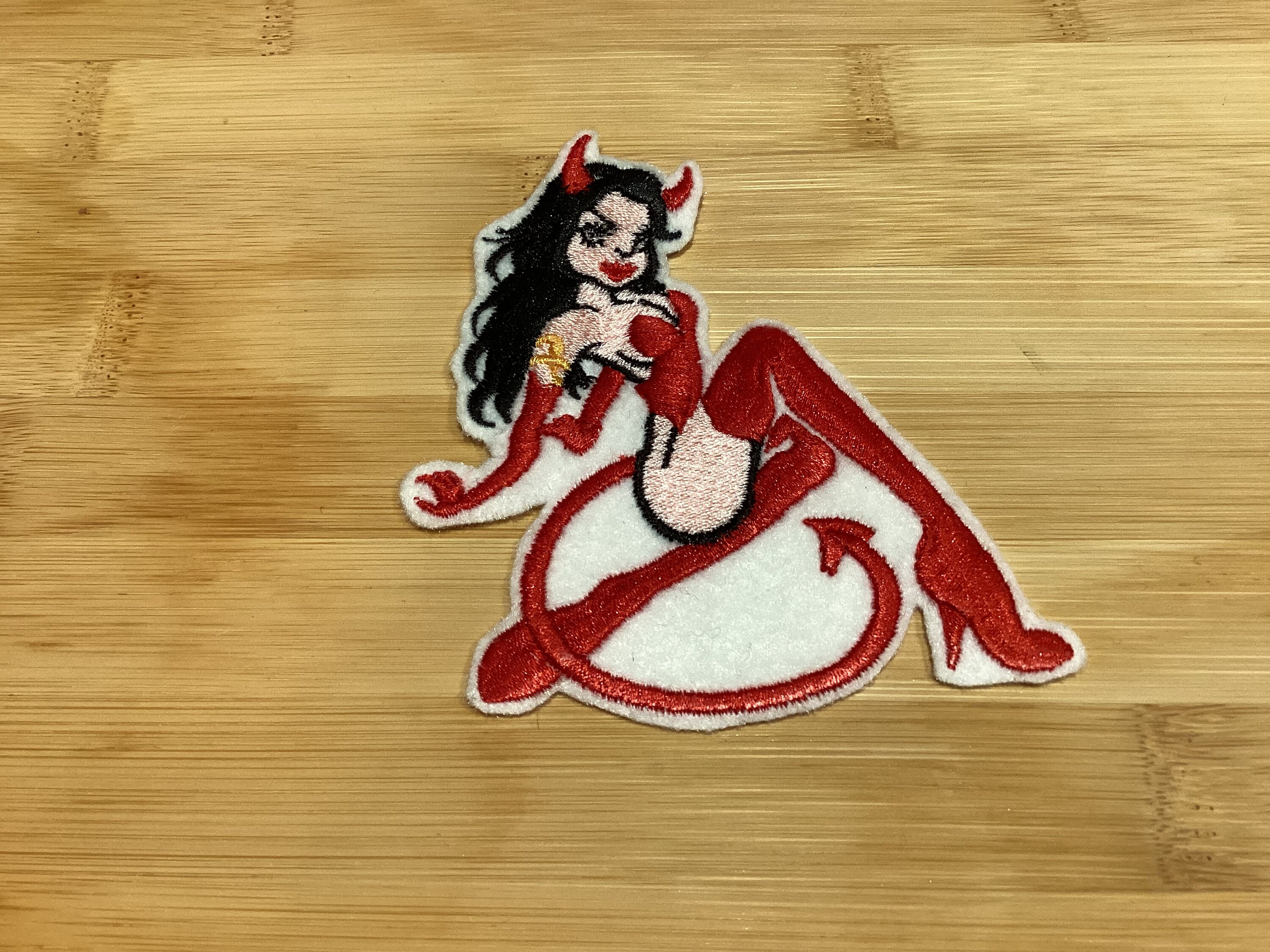Embroidered Hotty Devil Girl Bad Girl Pin-Up Retro Tattoo Style Patch Sew/Iron-On by Twistedstitcher 2018 Located in Abbotsford Bc Canada - Thumbnail 5