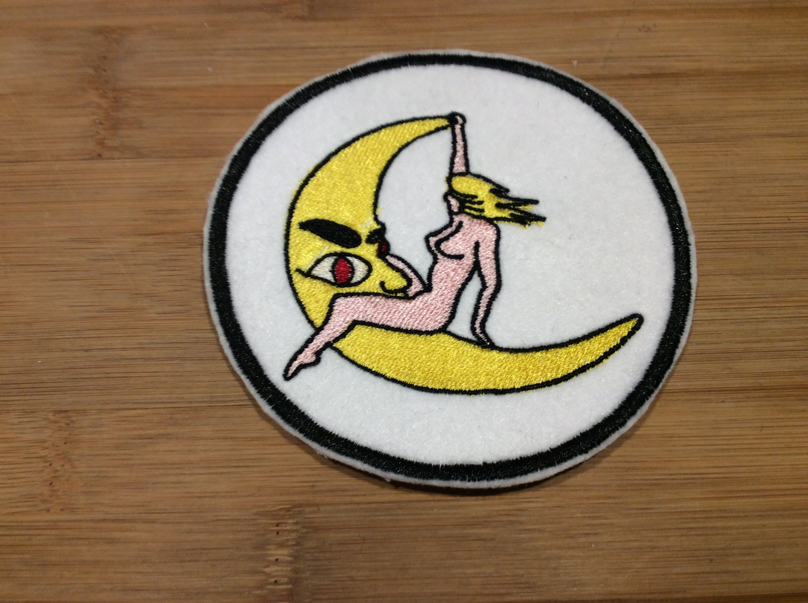 Embroidered Retro Nude Pin-Up Girl Riding Crescent Moon Art Patch by Twistedstitcher 2018 Located in Abbotsford BC Canada - Thumbnail 5