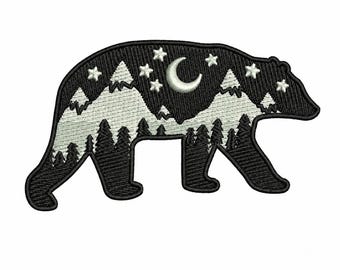 Embroidered Bear Moon Forest Scene Iron-on Patch (4.60”x 2.60”)