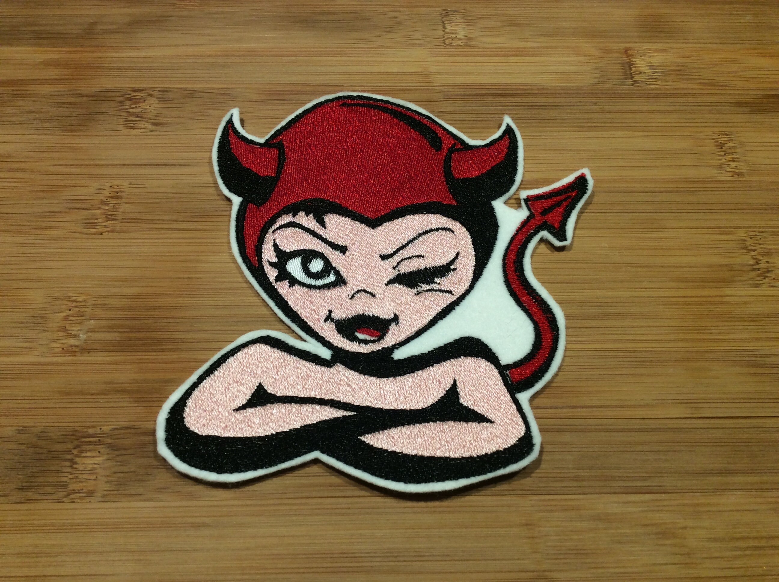 Embroidered Winking Devil Girl Patch Sew/Iron-On by Twistedstitcher 2018 Located in Abbotsford Bc Canada - Thumbnail 4