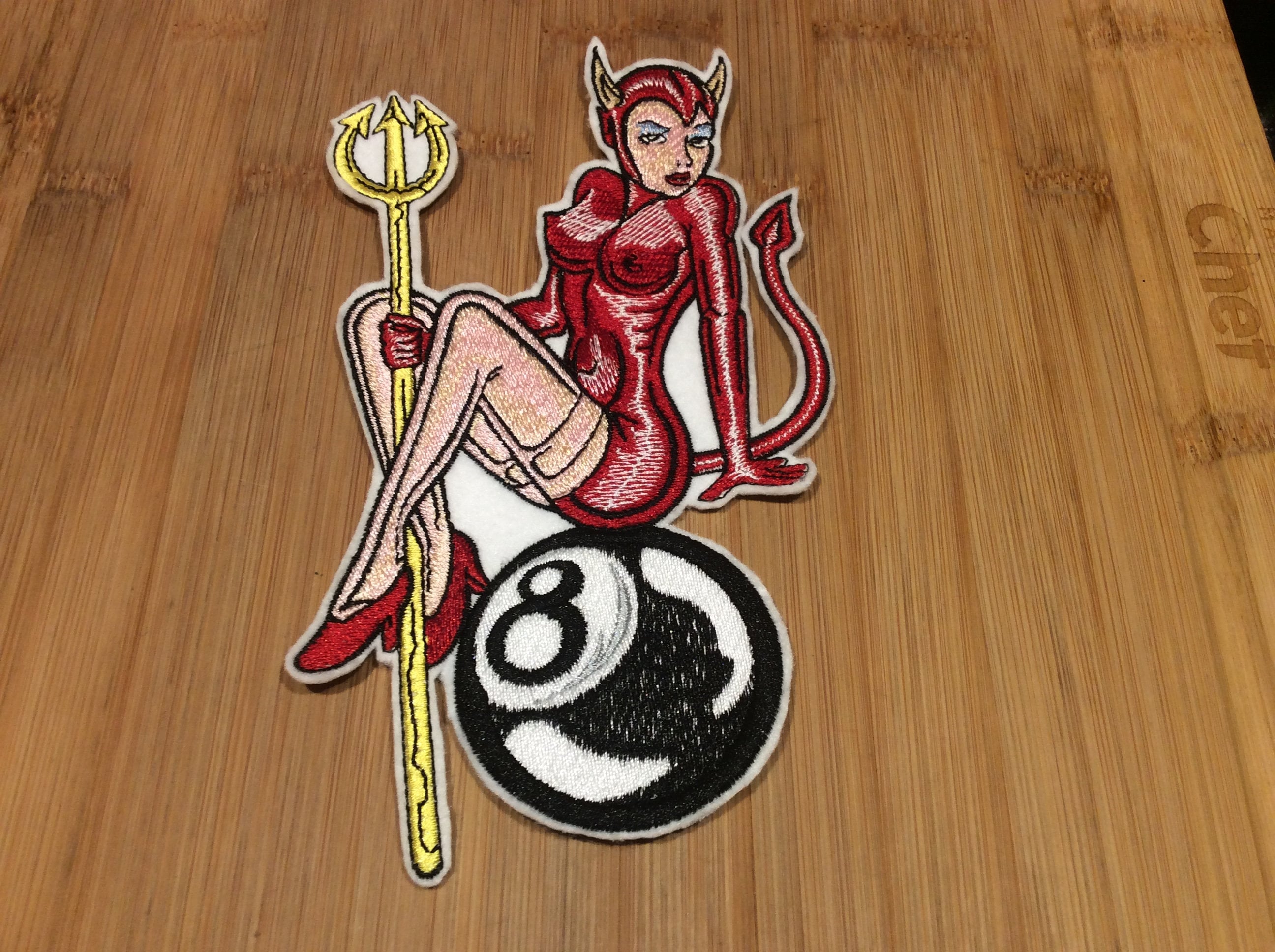 Embroidered Sexy Pin Up Devil Girl with Trident Riding an 8 Ball Patch Sew/Iron-On by Twistedstitcher 2018 Located in Abbotsford Bc Canada - Thumbnail 6