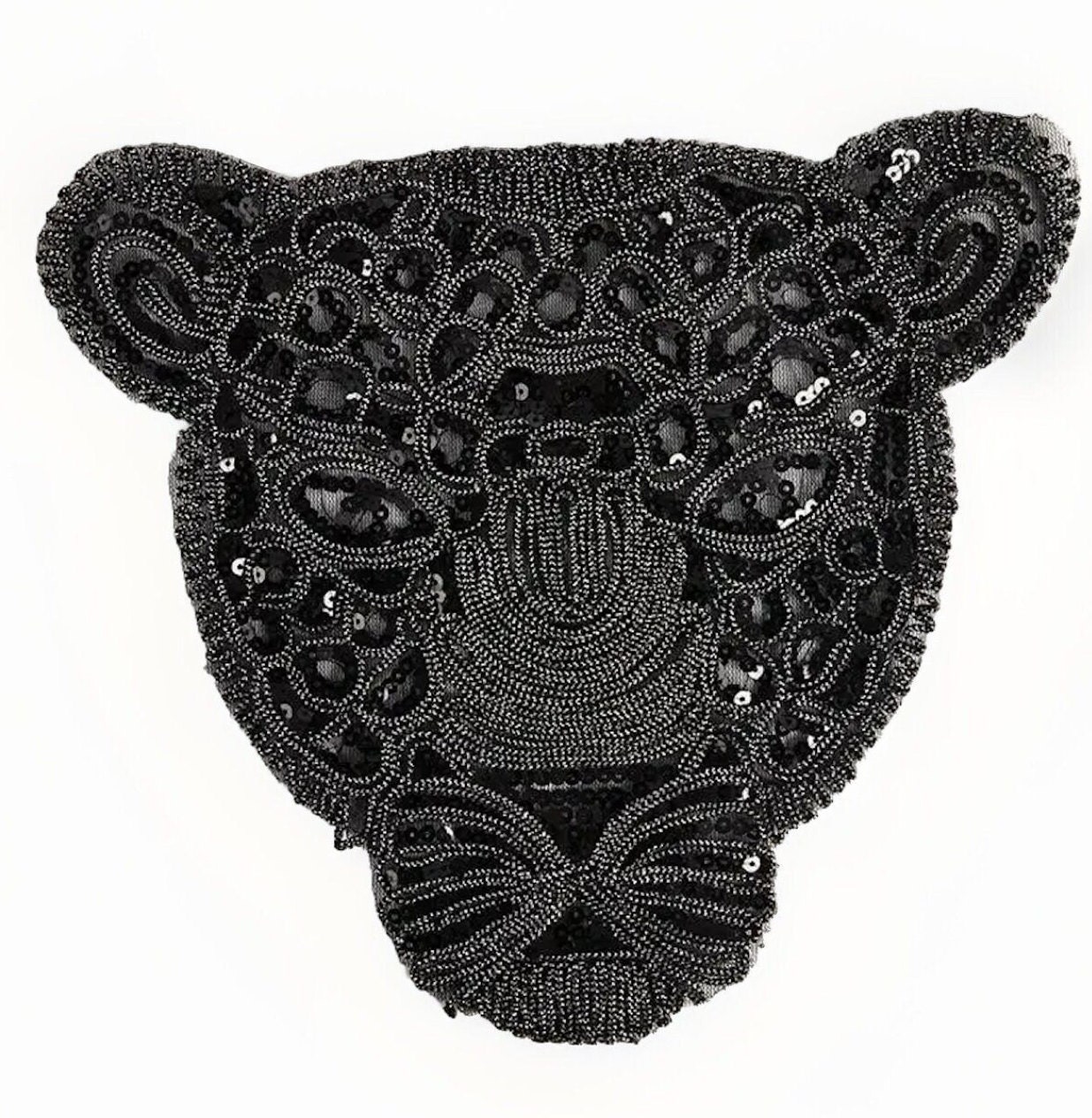Embroidered Black Sequin Leopard Head Sew-on Patch Large 9.62”x11.42” Big Cat Patch by Twistedstitcher 2018 Located in Abbotsford Bc Canada - Thumbnail 2