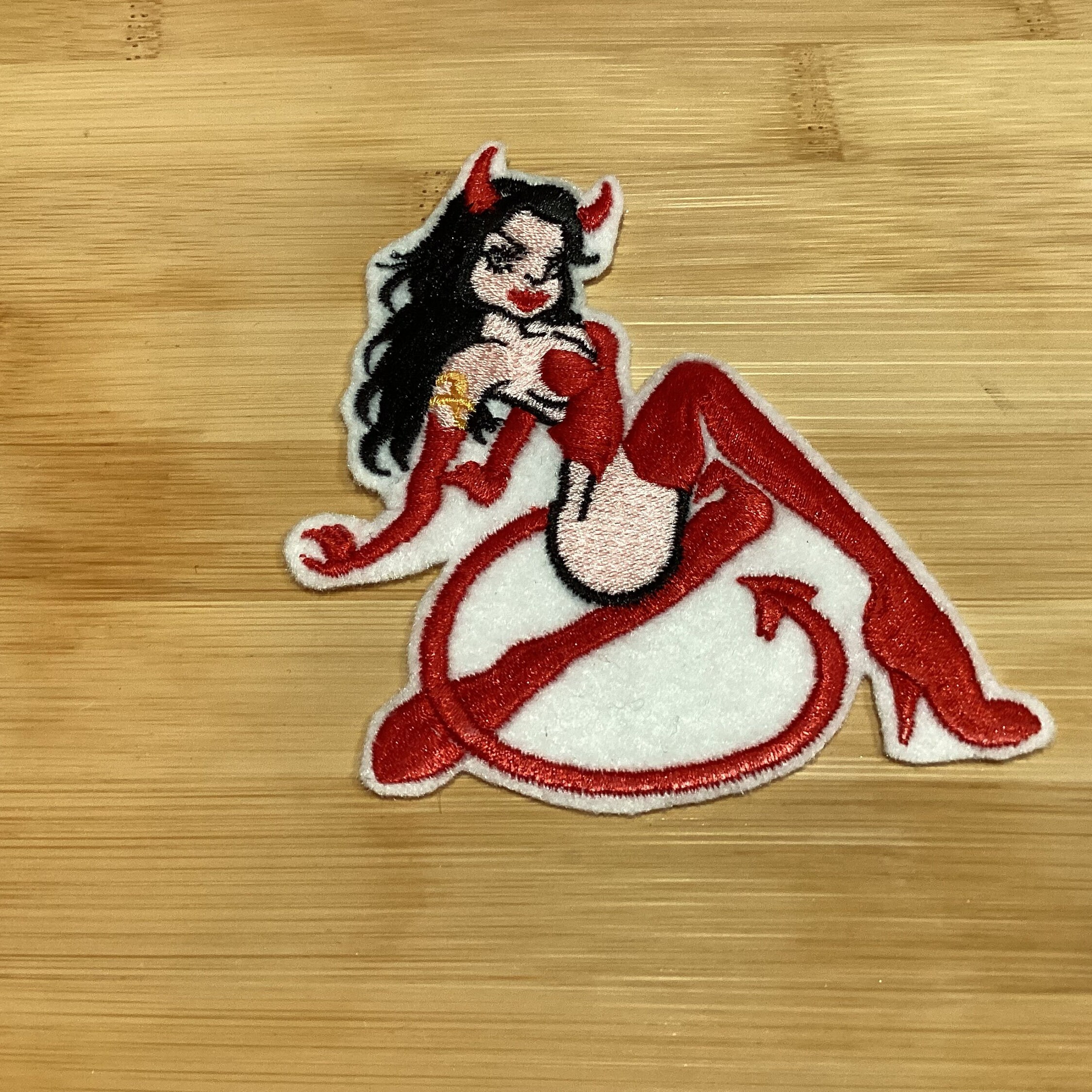 Embroidered Hotty Devil Girl Bad Girl Pin-Up Retro Tattoo Style Patch Sew/Iron-On by Twistedstitcher 2018 Located in Abbotsford Bc Canada