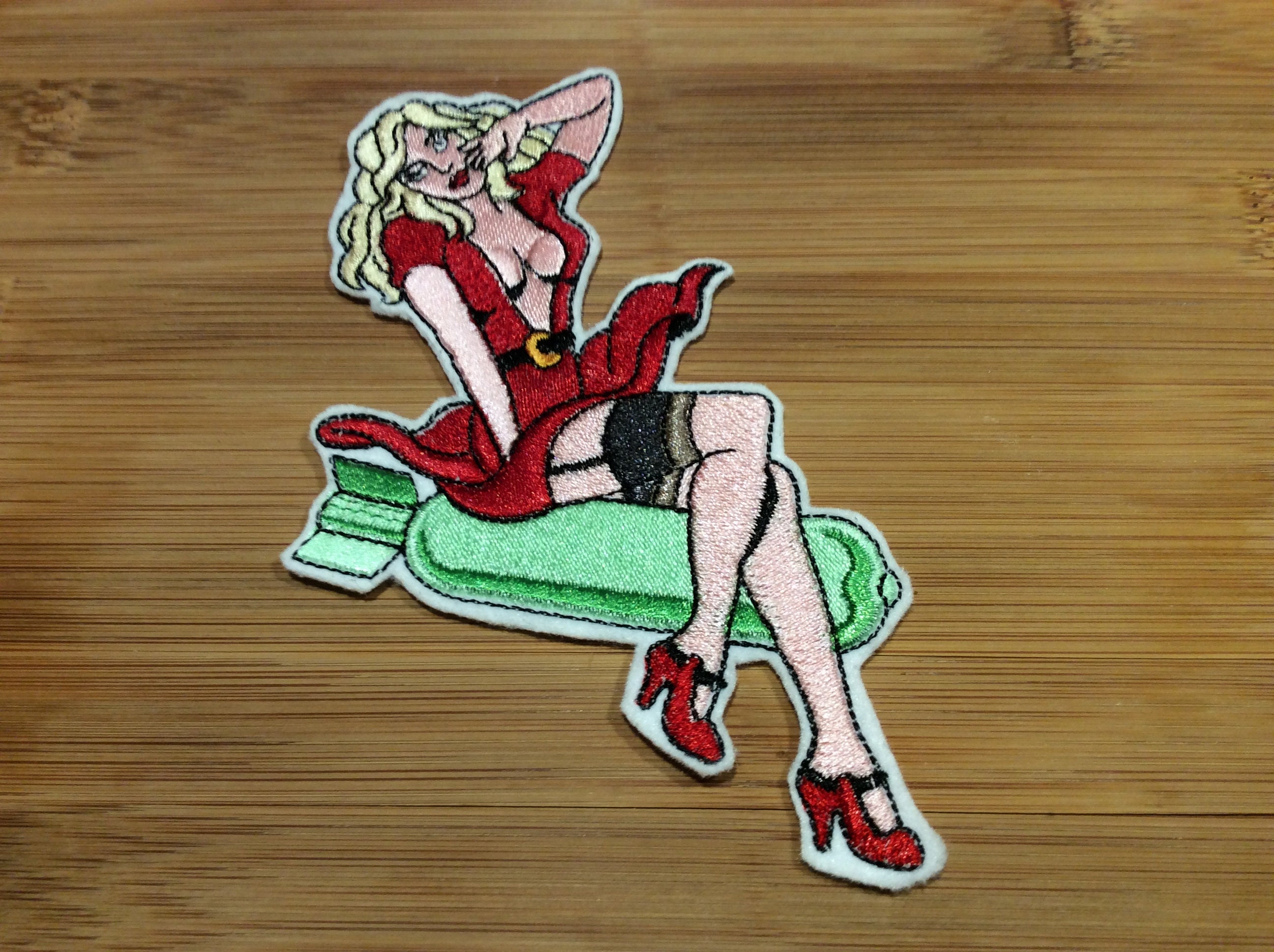 Embroidered Blonde Bombshell Pin-Up Girl Tattooed Style Patch Women Riding A Bomb by Twistedstitcher 2018 Located in Abbotsford BC Canada - Thumbnail 4