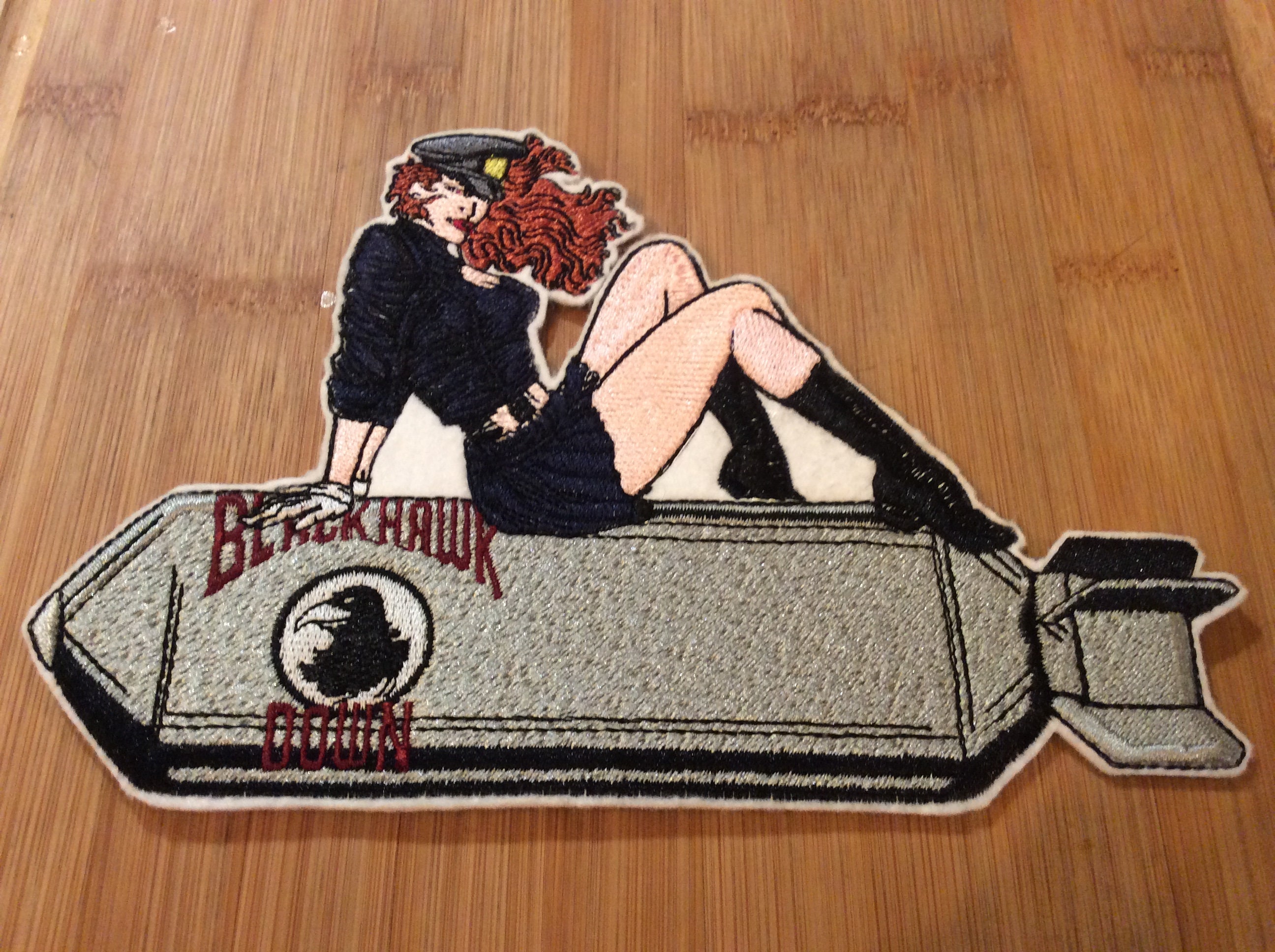 Embroidered Bombshell Pin-Up Girl Tattooed Style Patch Women Riding A Bomb 2 Sizes by Twistedstitcher 2018 Located in Abbotsford BC Canada